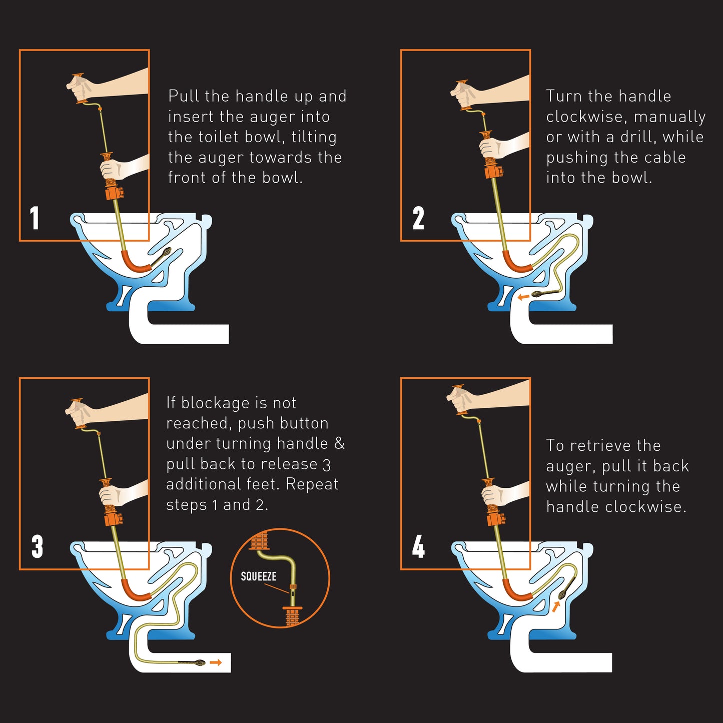 6FT Toilet Auger with Heavy Duty Bulbhead | Use with Drill or Manually