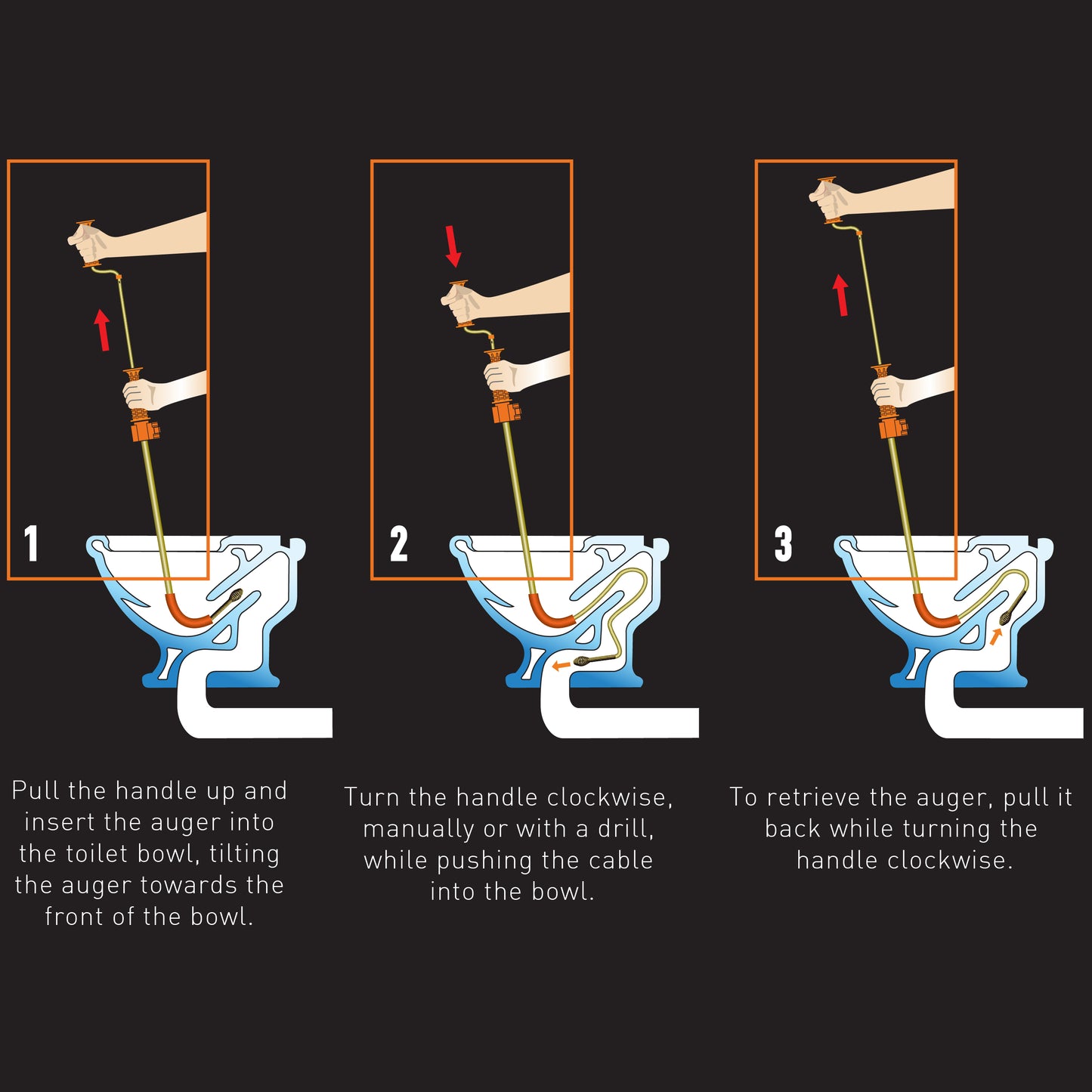 3FT Toilet Auger with Swivel Drophead | Use with Drill or Manually