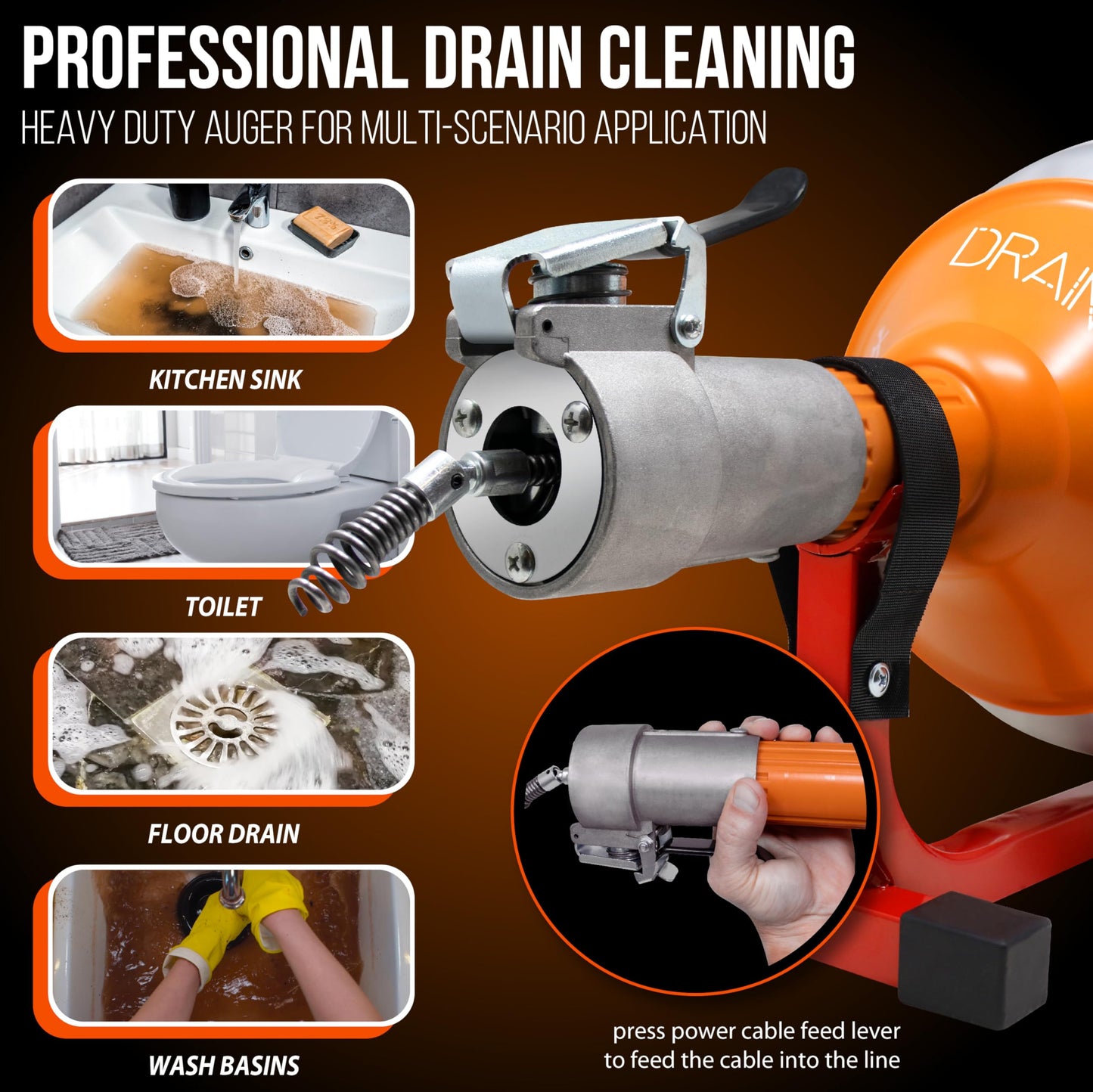 DrainX XS50 AutoDrive Electric Drain Cleaning Machine, 1/4" Cable, 50 FT