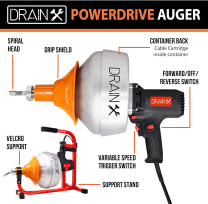 DrainX X25 PowerDrive Electric Drain Cleaning Machine, 1/4" Cable, 25 FT