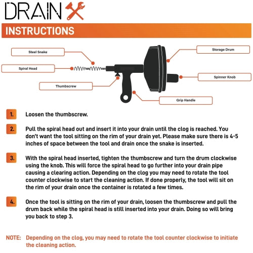  Drainx Pro 50-FT Heavy Duty Steel Drum Drain Auger Plumbing  Snake with Work Gloves and Storage Bag : Tools & Home Improvement
